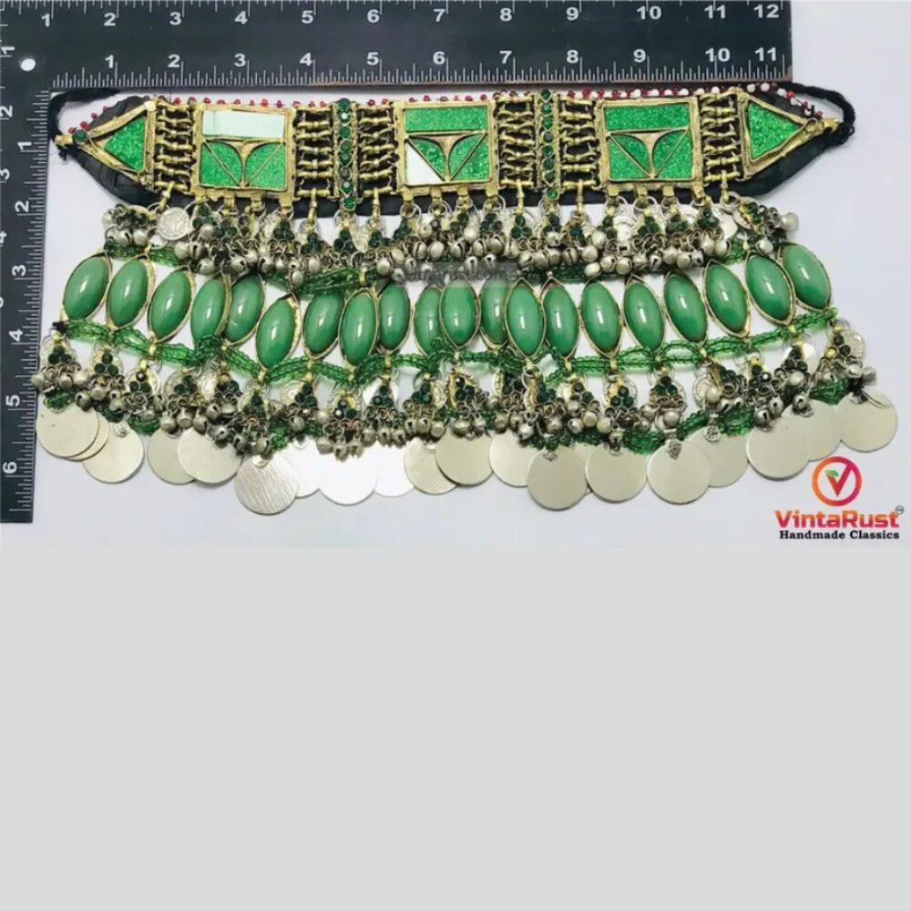 Antique Green Stone Afghan Necklace: Silver Kuchi Tribal Boho Statement - Picture 9 of 9